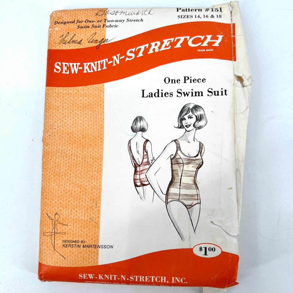 Vintage 60's Sew Knit Stretch One Piece Swimsuit Sewing Pattern Bust 36‎ 38 40